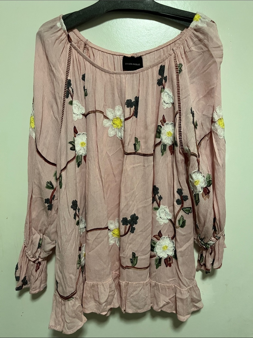 Liv Los Angeles Apparel pink embroidered floral peasant top